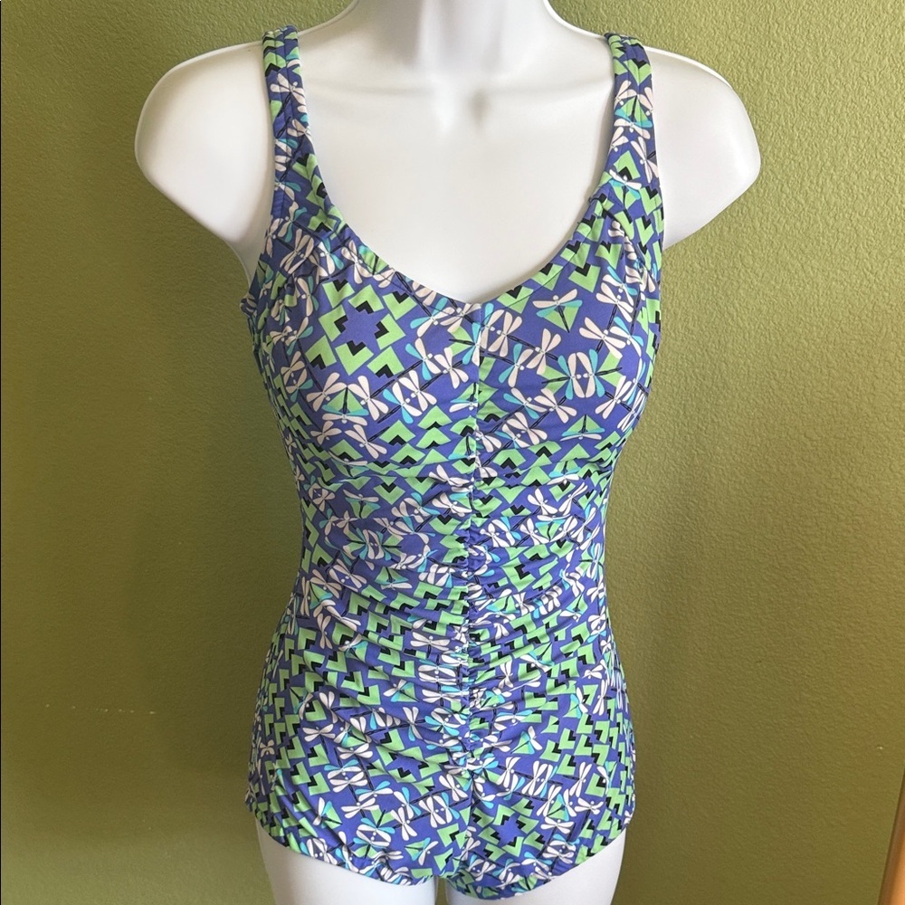 Vintage Ruched One-Piece Swimsuit in Blue & Green Geometric Print